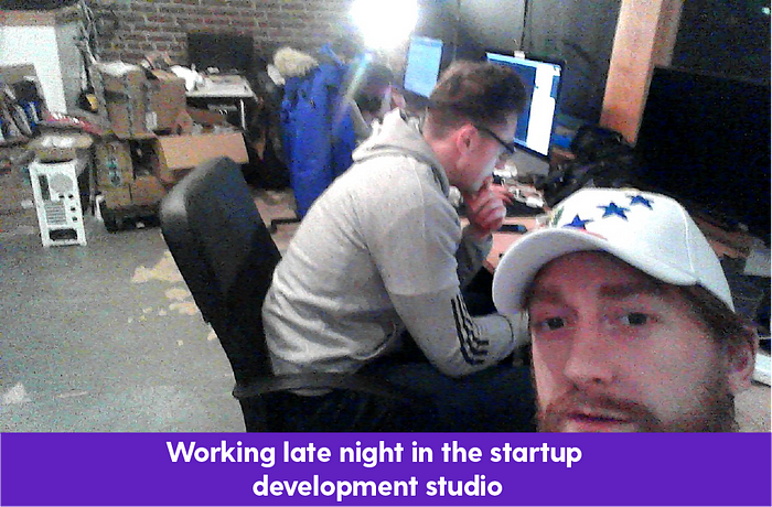 Working late night in the startup development studio