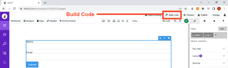 The "build code" button in Dittofi