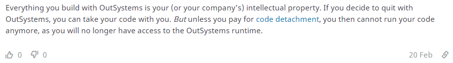 Quote showing that code ownership is not possible on Outsystems
