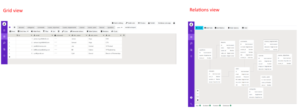 Image: options for grid & relations view inside Dittofi data models tab