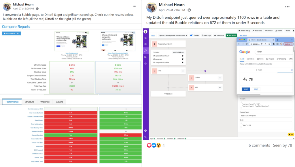 Image: performance of Dittofi vs Bubble apps