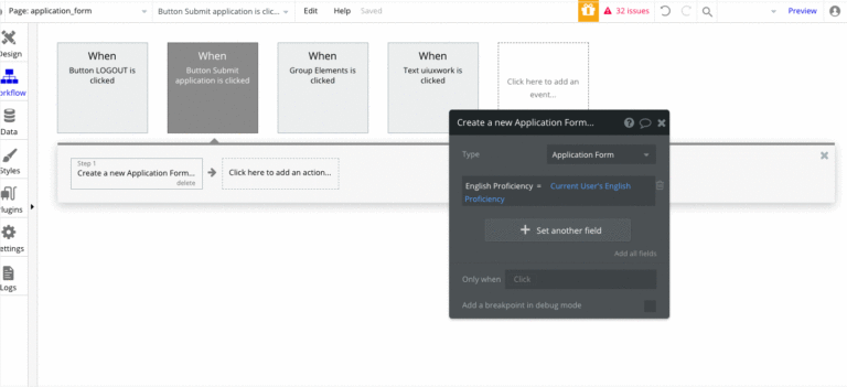 Bubble's visual workflow builder in 2023