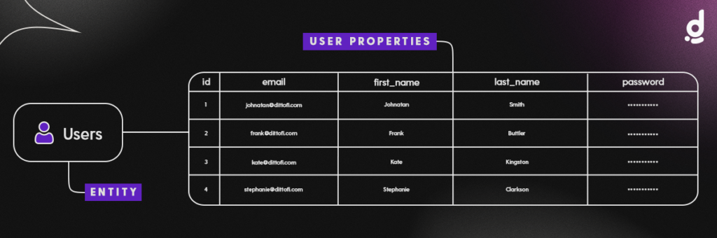 Image: Example of Users entity, properties & Users records