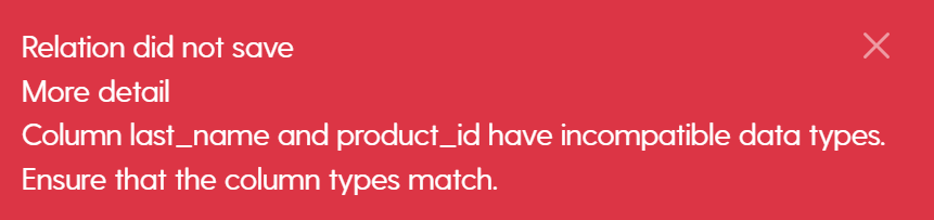 Image: Incompatible data type error message when attempting to create table relation