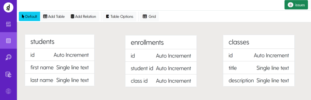 Image: Example of students, classes & enrollments table inside Dittofi.
