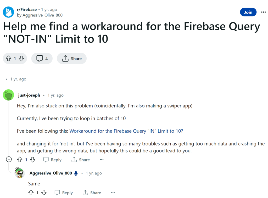 Image: Developers finding limits to the queries that they can run in Firebase.