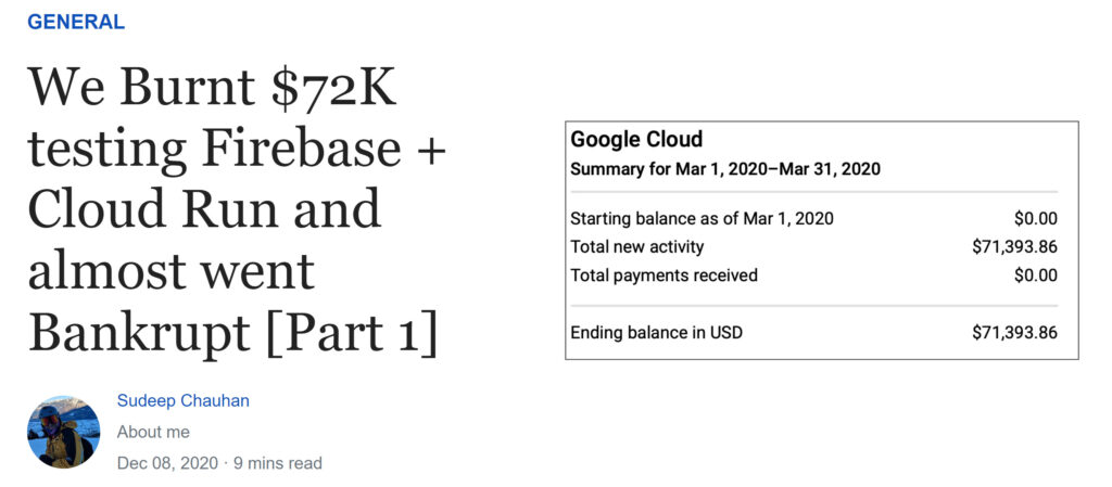 Image: Horror story from a Firebase app that got out of control. Full article @ https://blog.tomilkieway.com/72k-1/.