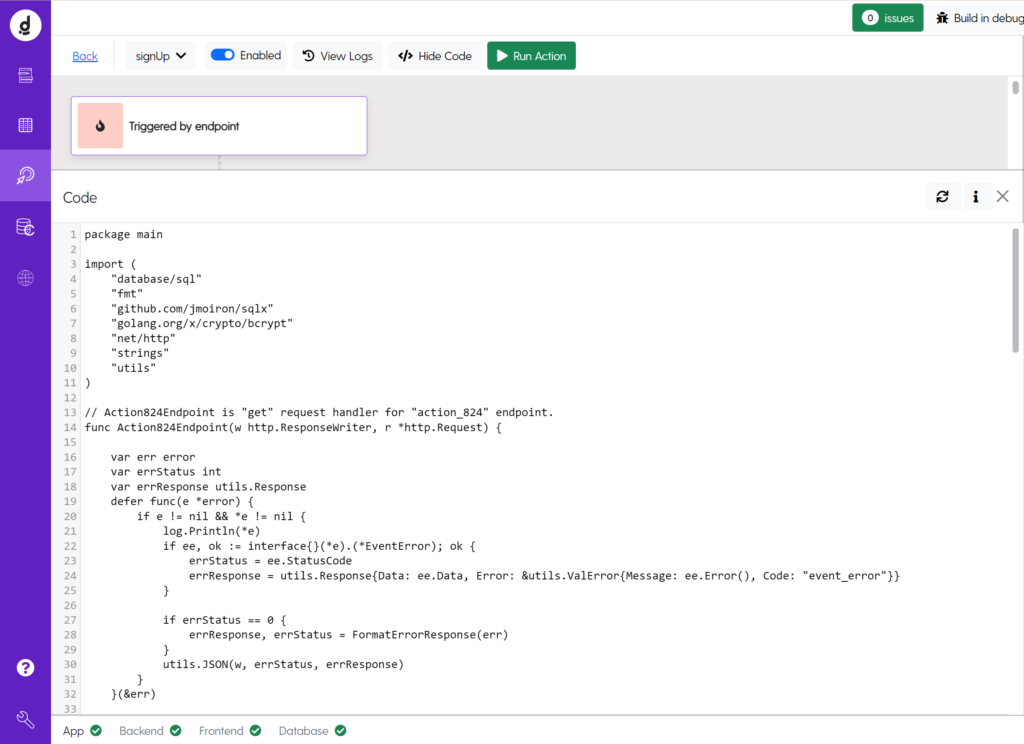 Image: Google Go code for the sign up action inside Dittofi.