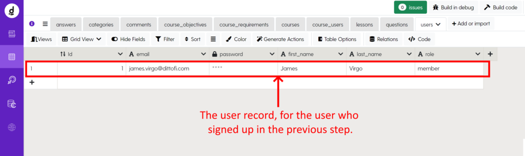 Image: The user record stored in the users table.