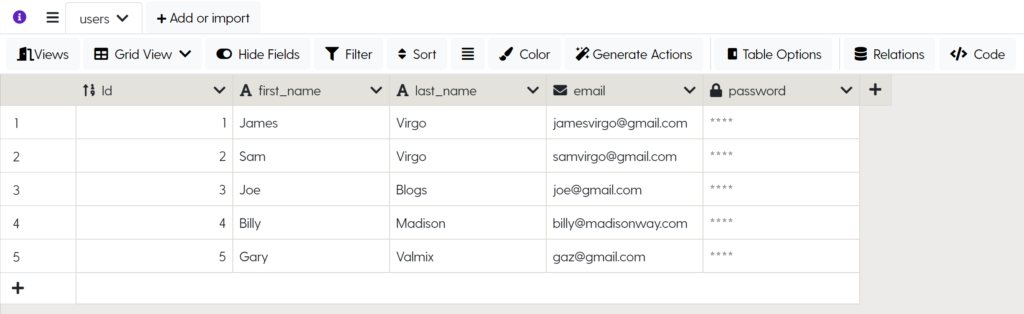 Image: Example of a users table inside of Dittofi's hybrid no-code platform