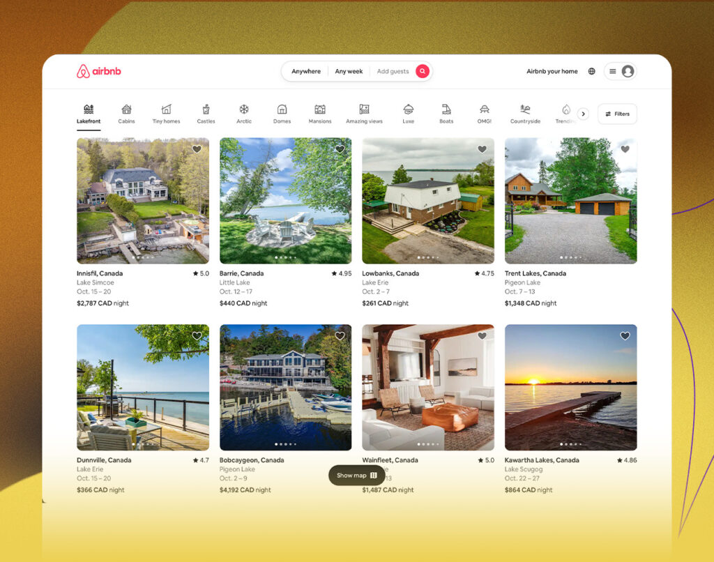 Airbnb peer to peer marketplace. The homepage is a bulletin board that displays all of the individual listings.