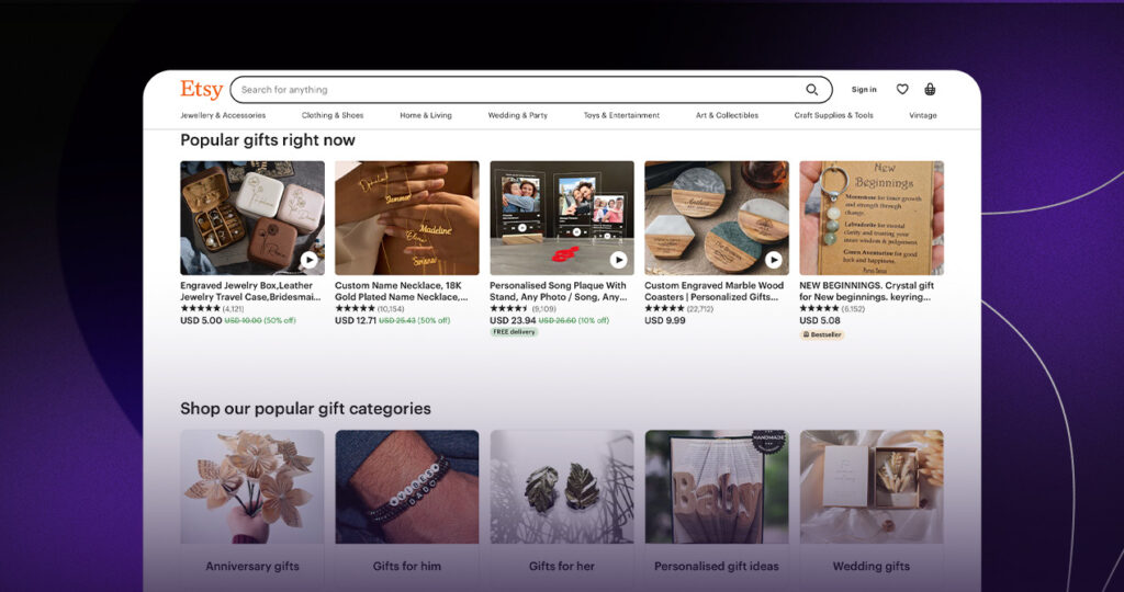 Etsy two sided marketplace homepage.