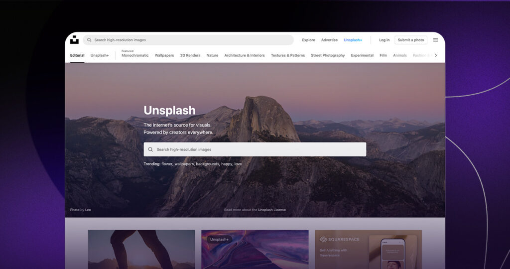 Unsplash two sided marketplace homepage.