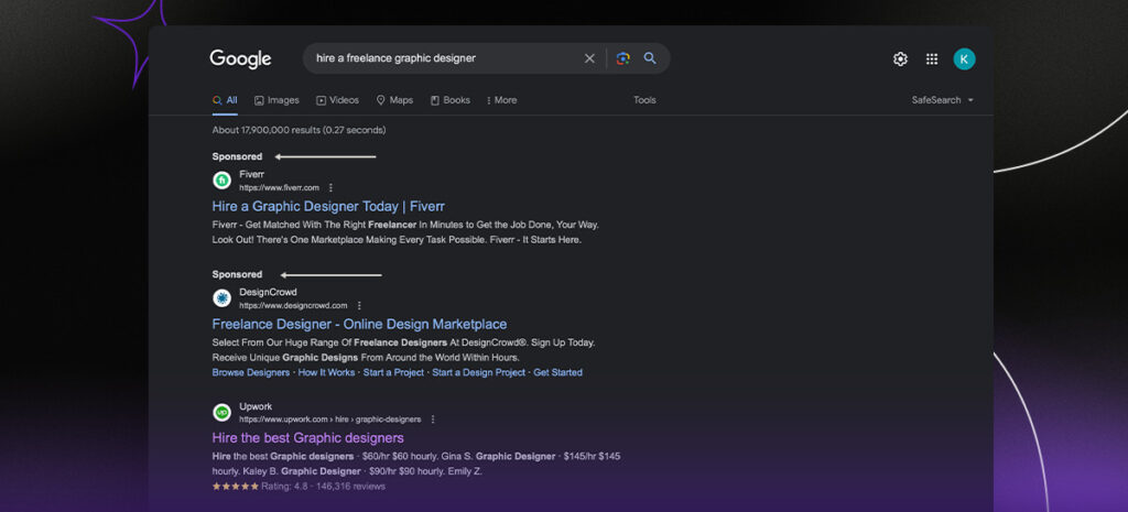 Example of paid for search results when searching for graphic designers on Google.