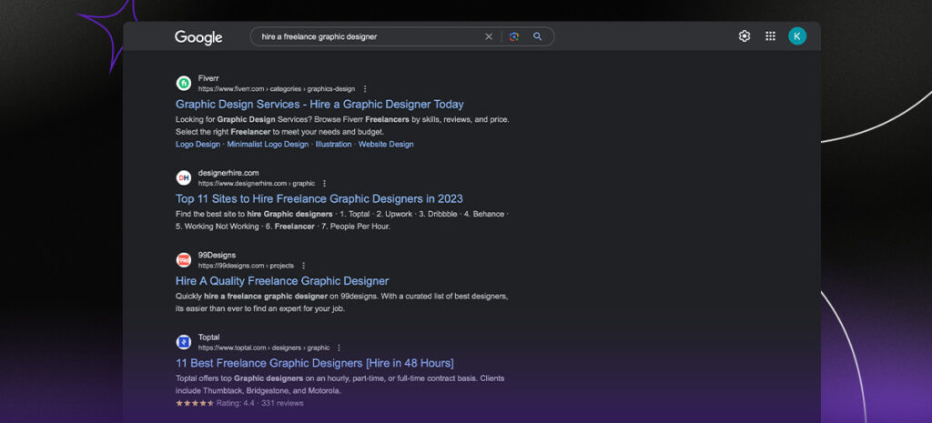 Example of organic search results when searching for graphic designers on Google.