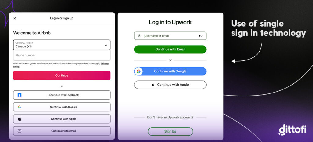 Example of single sign on features used by Airbnb & Upwork to streamline user sign up.