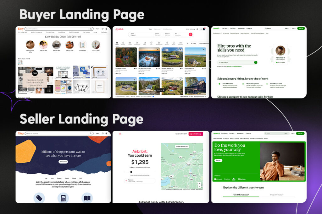 Buyer and seller landing page examples for Etsy, Airbnb and Fiverr.