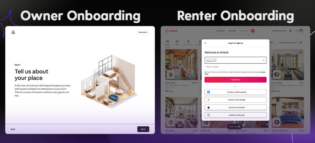 Example of onboarding for the two sides of Airbnbs marketplace.