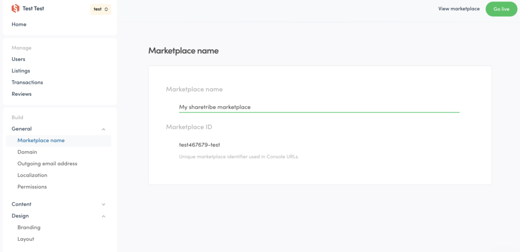 Sharetribe dashboard used to configure the marketplace template