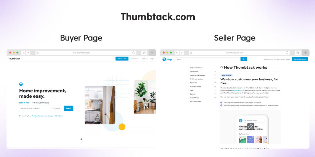 Buyer and seller landing pages for the B2C platform Thumbtack
