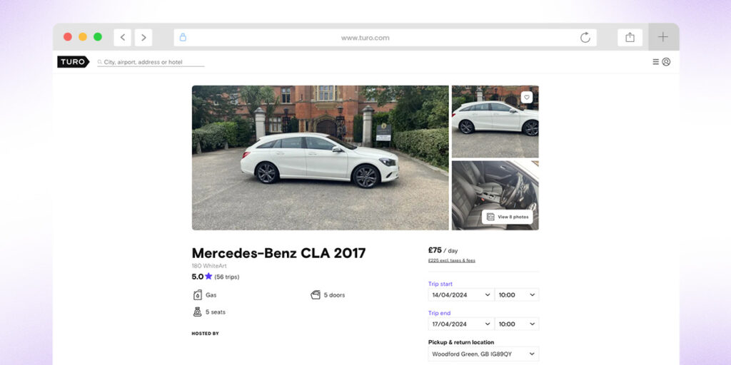Example listing on Turo's car rental marketplace site