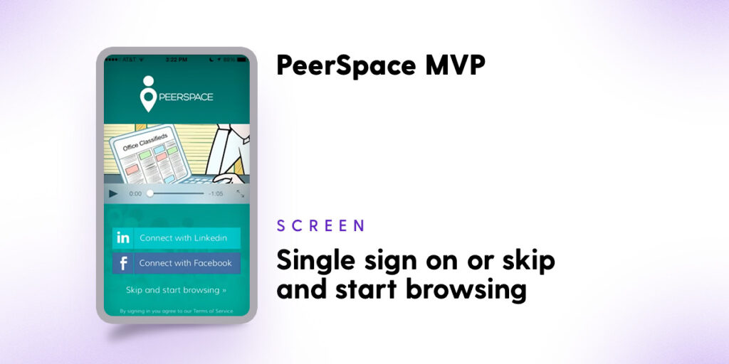 PeerSpace MVP - single sign on or skip and start browsing