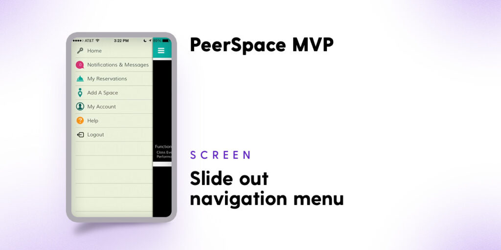 PeerSpace MVP, the slide out navigation menu